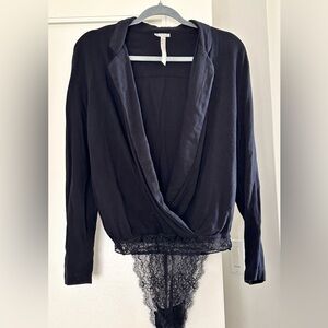 Free People Intimately Black Wrap Bodysuit Lace Trim Boho Romantic XS/S